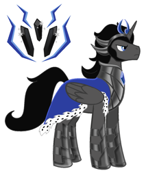 Size: 1081x1271 | Tagged: safe, alternate version, artist:itzeldrag108, derpibooru import, king sombra, alicorn, pony, alicornified, alternate design, armor, bevor, blue eyes, boots, cape, chestplate, clothes, crown, cutie mark, good king sombra, gorget, helmet, jewelry, king sideburns, lord sombra, male, race swap, regalia, robe, royal cape, shoes, solo, sombra's cutie mark, sombracorn, tiara