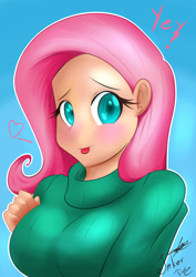 Size: 2480x3507 | Tagged: safe, artist:thearcano13, fluttershy, human, breasts, clothes, female, hootershy, humanized, solo, sweater, sweatershy, yay