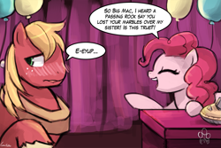 Size: 1125x750 | Tagged: safe, artist:lumineko, big macintosh, pinkie pie, earth pony, pony, hearthbreakers, 30 minute art challenge, balloon, blushing, dialogue, eyes closed, looking back, male, marblemac, open mouth, pie, pun, raised hoof, shipping, signature, speech bubble, stallion, straight, table, talk show, talking