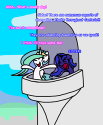 Size: 2222x2698 | Tagged: safe, artist:toothpastethy, princess celestia, princess luna, alicorn, pony, balcony, bipedal, cute, cutelestia, eyes closed, sillestia, silly, too dumb to live, trollestia, yelling