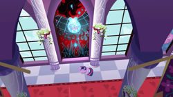 Size: 2000x1125 | Tagged: safe, derpibooru import, screencap, king sombra, twilight sparkle, unicorn twilight, pony, unicorn, the crystal empire, bad end, bird's eye view, canterlot castle, crystal heart, eyes closed, female, mare, prone, sad, solo, stained glass, the bad guy wins, window