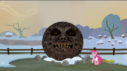 Size: 1280x720 | Tagged: safe, edit, edited screencap, screencap, pinkie pie, earth pony, pony, hearthbreakers, discovery family logo, female, fence, holder's boulder, holder's new boulder meme, mare, moon, raised hoof, saddle bag, solo, termina's moon, the legend of zelda, the legend of zelda: majora's mask, tree, winter