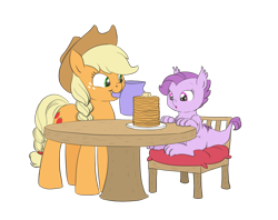 Size: 1138x900 | Tagged: safe, artist:carnifex, applejack, oc, oc:lavender, dracony, earth pony, hybrid, pony, :o, chair, cute, eyes on the prize, interspecies offspring, jackabetes, lavandorable, mouth hold, offspring, pancakes, parent:rarity, parent:spike, parents:sparity, simple background, sitting, smiling, sparkles, transparent background