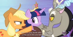 Size: 1575x803 | Tagged: safe, screencap, applejack, twilight sparkle, twilight sparkle (alicorn), alicorn, earth pony, pony, princess twilight sparkle (episode), frown, glare, meme, pointing, unamused, wide eyes, youtube caption