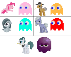 Size: 2544x2032 | Tagged: safe, cloudy quartz, igneous rock pie, limestone pie, marble pie, pinkie pie, earth pony, pony, blinky, clyde, inky, pac-man, pie family, pie sisters, pinky, pun, quartzrock, siblings, sisters, sue
