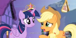 Size: 1577x787 | Tagged: safe, screencap, applejack, twilight sparkle, twilight sparkle (alicorn), alicorn, earth pony, pony, big crown thingy, female, frown, mare, meme, open mouth, worried, youtube caption