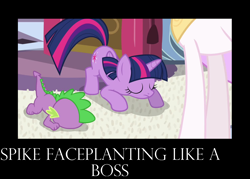 Size: 1496x1072 | Tagged: safe, princess celestia, spike, twilight sparkle, twilight sparkle (alicorn), alicorn, dragon, pony, princess twilight sparkle (episode), bowing, faceplant, like a boss, motivational poster