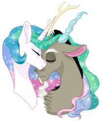 Size: 1280x1536 | Tagged: safe, artist:whisperseas, discord, princess celestia, alicorn, pony, bust, chest fluff, dislestia, eyes closed, male, nuzzling, portrait, shipping, simple background, straight, transparent background, watermark