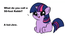 Size: 1194x668 | Tagged: safe, derpibooru import, twilight sparkle, kaiju, pony, unicorn, dialogue, exploitable meme, female, filly, filly twilight sparkle, filly twilight telling an offensive joke, horn, jew, looking at you, meme, multicolored mane, multicolored tail, obligatory pony, pun, purple coat, simple background, sitting, smiling, solo, talking to viewer, underhoof, vulgar, white background