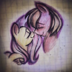 Size: 640x640 | Tagged: safe, artist:alicerosiej, big macintosh, fluttershy, earth pony, pegasus, pony, eyes closed, fluttermac, male, nuzzling, shipping, stallion, straight, traditional art