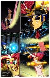 Size: 2331x3600 | Tagged: safe, artist:artemis-polara, flash sentry, sunset shimmer, comic:a battle to save a possessed soul, equestria girls, arm cannon, armor, armpits, aura, beam, bleeding, blocking, blood, breasts, cleavage, clothes, comic, commission, corrupted, danger, dark samus, daydream shimmer, defending, destruction, devastation, dress, electrified, electrocution, energy weapon, explosion, falling, fear, female, fight, forest, guarding, horn, injured, magic, male, metroid, night, pain, phazon, possessed, red eye, scared, serious, serious face, shocked expression, tree, weapon