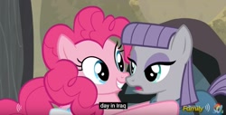 Size: 1065x539 | Tagged: safe, screencap, maud pie, pinkie pie, earth pony, pony, hearthbreakers, caption, iraq, meme, ptsd, sisters, war, youtube caption