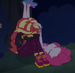 Size: 1112x1080 | Tagged: safe, screencap, pinkie pie, sunset shimmer, better together, equestria girls, sunset's backstage pass!, clothes, cropped, duo, duo female, eyes closed, female, jacket, night, outdoors, shoes, slippers