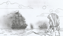 Size: 1796x1040 | Tagged: safe, artist:newman134, sunset shimmer, human, equestria girls, boat, fog, ghost ship, monochrome, ocean, solo, traditional art