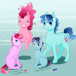 Size: 1024x1024 | Tagged: safe, artist:chiweee, party favor, pinkie pie, oc, oc:chocolate confetti, oc:pop rocks, earth pony, pegasus, pony, unicorn, bouncing, cute, family, family photo, female, implied farting, male, next generation, offspring, parent:party favor, parent:pinkie pie, parents:partypie, partypie, pompadour, shipping, smiling, straight