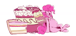 Size: 1717x812 | Tagged: safe, artist:mindmusic, pinkie pie, earth pony, pony, belly, cake, solo, stuffed