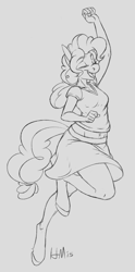 Size: 777x1565 | Tagged: safe, artist:hobbsmeerkat, pinkie pie, anthro, unguligrade anthro, belly button, clothes, eyes closed, grayscale, midriff, monochrome, shirt, skirt, solo