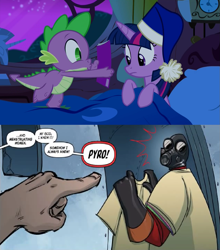 Size: 1169x1326 | Tagged: safe, derpibooru import, spike, twilight sparkle, twilight sparkle (alicorn), alicorn, dragon, pony, comic book meme, exploitable meme, female, implied woman, mare, meme, obligatory pony, pyro, team fortress 2