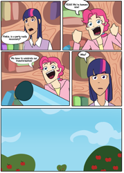 Size: 755x1057 | Tagged: safe, artist:afroquackster, derpibooru import, pinkie pie, twilight sparkle, human, comic, humanized, it's not equestria anymore, party cannon, ponytail, sweet apple acres