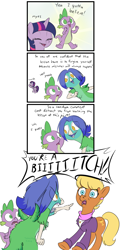 Size: 610x1255 | Tagged: safe, artist:furseiseki, derpibooru import, ms. harshwhinny, spike, twilight sparkle, twilight sparkle (alicorn), oc, alicorn, dragon, griffon, pony, equestria games (episode), comic, eyes closed, female, frown, mare, open mouth, pointing, smiling, swearing, taski, vulgar, wide eyes, yelling