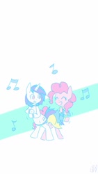 Size: 720x1280 | Tagged: safe, artist:grim ponka, dj pon-3, pinkie pie, vinyl scratch, earth pony, pony, bipedal, butt bump, butt to butt, butt touch, colored, dancing, duo, fun, music notes, phone wallpaper, simple background, smiling, standing