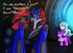 Size: 3501x2550 | Tagged: safe, artist:melisaongmiqin, princess celestia, twilight sparkle, alicorn, pony, unicorn, bust, clash of hasbro's titans, glasses, grin, happy, miscommunication, mistranslation, misunderstanding, optimus prime, portrait, pun, reading, script, smiling, transformers, transformers prime, trollestia, unicorn-unicron confusion, unicron