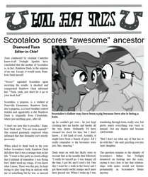 Size: 1188x1419 | Tagged: safe, derpibooru import, edit, edited screencap, screencap, rainbow dash, scootaloo, pegasus, pony, lesson zero, article, caption, confused, foal free press, grayscale, happy, implied lesbian, monochrome, pot brownies, preggo dash, pregnant, rainbow dumb, scandal, text, vulgar