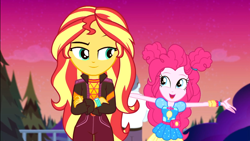 Size: 1920x1080 | Tagged: safe, screencap, max steele, pinkie pie, sunset shimmer, equestria girls, equestria girls series, sunset's backstage pass!, spoiler:eqg series (season 2), clothes, crossed arms, cute, diapinkes, female, geode of sugar bombs, jacket, magical geodes, male, raised eyebrow, security guard, shimmerbetes, smiling