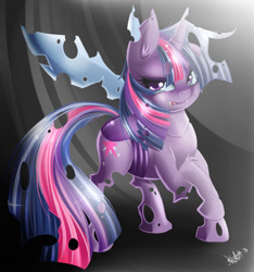 Size: 1200x1280 | Tagged: safe, artist:knifeh, derpibooru import, twilight sparkle, changeling, changelingified, kallisti, purple changeling, solo