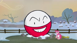 Size: 1277x714 | Tagged: safe, edit, edited screencap, screencap, pinkie pie, earth pony, pony, hearthbreakers, discovery family logo, electrode, female, fence, grin, holder's boulder, holder's new boulder meme, mare, pokémon, raised hoof, saddle bag, smiling, snow, this will end in death, this will end in explosions, tree, winter