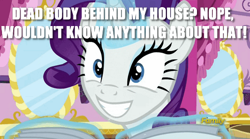 Size: 490x272 | Tagged: safe, rarity, pony, unicorn, grin, image macro, implied murder, meme, nervous, nervous grin, smiling