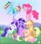 Size: 1280x1362 | Tagged: safe, artist:mn27, derpibooru import, applejack, fluttershy, pinkie pie, rainbow dash, rarity, spike, twilight sparkle, twilight sparkle (alicorn), alicorn, dragon, earth pony, pegasus, pony, unicorn, flying, grass, jumping, mane seven, mane six, sky