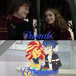 Size: 3464x3464 | Tagged: safe, edit, flash sentry, sunset shimmer, better together, eqg summertime shorts, equestria girls, good vibes, female, harry potter, harry potter and the goblet of fire, hermione granger, male, straight