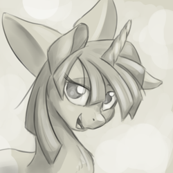 Size: 1024x1024 | Tagged: safe, artist:ruby, derpibooru import, twilight sparkle, bow, grayscale, monochrome, solo