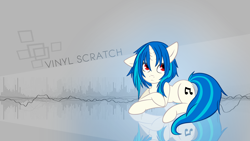 Size: 1920x1080 | Tagged: safe, artist:overmare, artist:sorenbrian, derpibooru import, dj pon-3, vinyl scratch, pony, unicorn, chest fluff, cutie mark, female, hooves, horn, looking at you, lying down, mare, prone, solo, text, vector, wallpaper