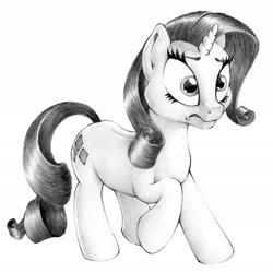 Size: 2096x2092 | Tagged: safe, artist:stallionslaughter, rarity, pony, unicorn, female, grayscale, mare, monochrome, pencil drawing, scared, simple background, solo, surprised, traditional art, white background