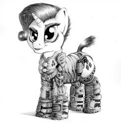 Size: 1257x1280 | Tagged: safe, artist:stallionslaughter, rarity, pony, unicorn, alternate hairstyle, armor, cropped tail, fallout 4, female, gun, handgun, leather armor, mare, monochrome, pistol, solo, weapon