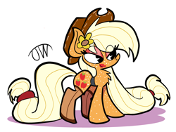 Size: 1859x1400 | Tagged: safe, artist:joeywaggoner, applejack, earth pony, pony, applejack's hat, chest fluff, clothes, cowboy hat, eye clipping through hair, eyeshadow, female, flower, flower in hair, freckles, hat, implied lesbian, implied rarijack, implied shipping, lipstick, long mane, long tail, makeup, mare, older, red eyeshadow, red lipstick, solo, stockings, thigh highs