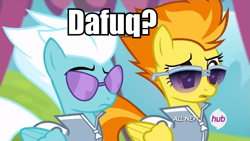 Size: 959x540 | Tagged: safe, derpibooru import, screencap, fleetfoot, spitfire, rainbow falls, dafuq, image macro