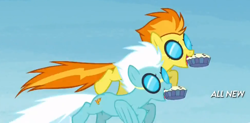 Size: 1100x540 | Tagged: safe, derpibooru import, screencap, fleetfoot, spitfire, rainbow falls, animation error, cake, goggles