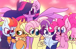 Size: 4300x2800 | Tagged: safe, artist:saveraedae, derpibooru import, applejack, fluttershy, li'l cheese, pinkie pie, princess twilight 2.0, rainbow dash, rarity, twilight sparkle, twilight sparkle (alicorn), alicorn, earth pony, pegasus, pony, unicorn, the last problem, alternate hairstyle, appledash, blushing, clothes, cute, female, filly, granny smith's scarf, group, hat, holding hooves, lesbian, looking at each other, looking at you, mane six, mother and child, mother and son, older, older applejack, older fluttershy, older mane six, older pinkie pie, older rainbow dash, older rarity, older twilight, parent and child, shipping, sunset