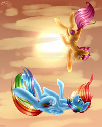 Size: 1280x1600 | Tagged: safe, artist:sakishithewolf, derpibooru import, rainbow dash, scootaloo, pegasus, pony, backwards cutie mark, duo, falling, female, filly, flying, mare, reaching, sad, sky, smiling, sun