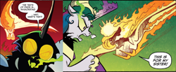 Size: 702x289 | Tagged: safe, idw, princess celestia, queen chrysalis, alicorn, changeling, changeling queen, pony, fiendship is magic, spoiler:comic, spoiler:comic20, spoiler:comicfiendshipismagic5, evil celestia, fire, prime celestia