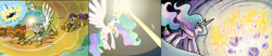 Size: 1051x218 | Tagged: safe, screencap, princess celestia, spike, alicorn, dragon, earth pony, pony, a canterlot wedding, beam, force field, magic