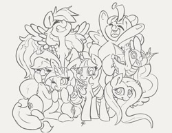 Size: 1280x989 | Tagged: safe, artist:leadhooves, derpibooru import, applejack, fluttershy, pinkie pie, rainbow dash, rarity, spike, twilight sparkle, twilight sparkle (alicorn), alicorn, dragon, earth pony, pegasus, pony, unicorn, armpits, cute, eyes closed, female, hug, male, mane seven, mane six, mare, monochrome, one eye closed, open mouth, smiling, winged spike