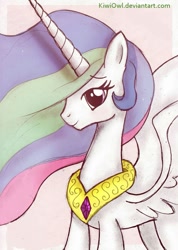 Size: 731x1024 | Tagged: safe, artist:kiwiowl, princess celestia, alicorn, pony, jewelry, looking at you, regalia, simple background, solo