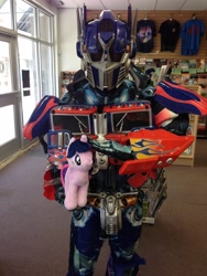 Size: 2448x3264 | Tagged: safe, derpibooru import, twilight sparkle, 4de, cosplay, free comic book day, irl, optimus prime, photo, plushie, transformers