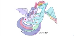 Size: 1280x637 | Tagged: safe, artist:mlpbaby, derpibooru import, rainbow dash, twilight sparkle, twilight sparkle (alicorn), alicorn, pegasus, pony, colored wings, colored wingtips, female, glowing horn, heart, horn, lesbian, looking at each other, magic, mare, shipping, simple background, spread wings, twidash, white background, wings