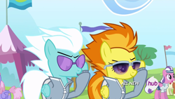 Size: 1366x768 | Tagged: safe, derpibooru import, fleetfoot, rainbowshine, spitfire, rainbow falls, clothes, glasses, sunglasses