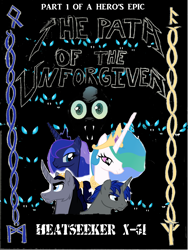 Size: 1808x2400 | Tagged: safe, artist:rmc1618, princess celestia, princess luna, queen chrysalis, oc, oc:aeclypse, oc:wanderlust, oc:æclypse, alicorn, changeling, changeling queen, pony, fanfic, fanficcover, pathoftheunforgiven, story cover, unforgiven, unforgivensaga